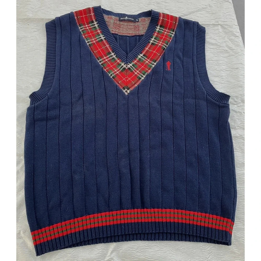 Payne Stewart Sweater Vest Mens Size LT Golf Navy W/ Plaid & Embroidered Accent